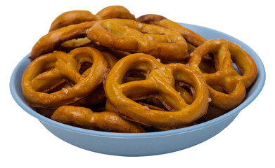 Isolated saucer with pretzels on a white background, side view