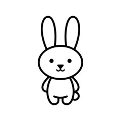 Cute cartoon bunny rabbit illustration in minimalist black outline on a white background, standing pose.