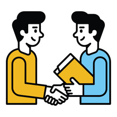 A bright cartoon in black and yellow illustrates a business partnership, showing two men shaking hands to seal a deal, signifying collaboration and agreement