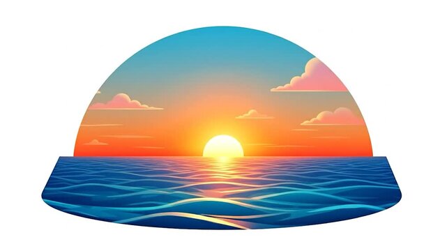 Cartoon sunset over calm wavy ocean, glowing orb and colorful sky, in a half-circle frame