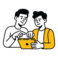 Dynamic cartoon illustration of two young men collaborating on a yellow tablet device, outlined in black, symbolizing digital teamwork and interactive problem-solving