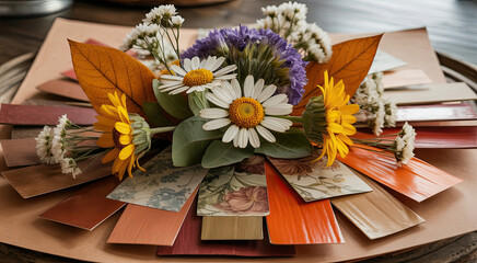 Flowers with color swatches flat lay multicolor palette floral design