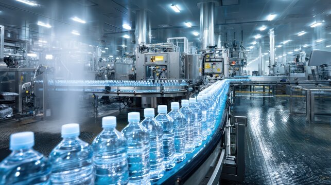 Efficient water packaging line on a clean factory floor with automated equipment
