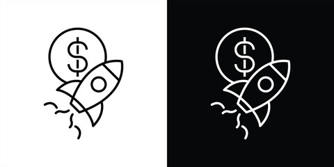 financial rockets launch thin line icon. dynamic dollar coin with rising rocket symbol representing profit growth, revenue boost, crypto surge, and startup funding. vector illustration  