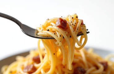 Fork twirls spaghetti pasta with pancetta bits and black pepper. Close up of creamy italian dish, white background. Delicious lunch or dinner meal prep.