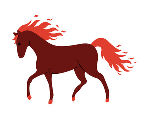 Bold red horse walking gracefully under a clear sky in a vibrant cartoon style