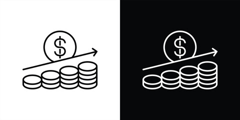 rising coin profit growth thin line icon. stacked money coin with upward trend arrow, financial earning increase symbol, revenue boost illustration, investment return. vector illustration