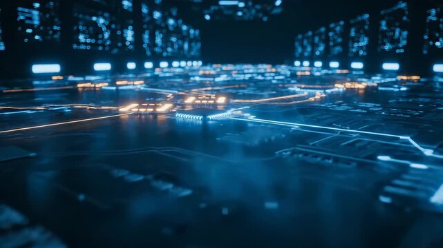 Microchip on pcb glows and pulses. Processor transfers data along trace. Network lights map active routing. Component nodes display energy flow and module-level activity. Layer timing maps silicon.