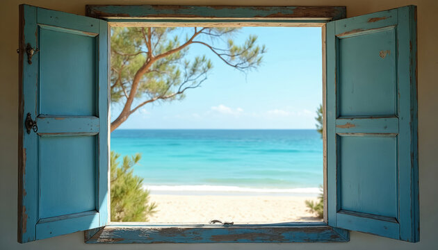 Open blue window reveals serene sandy beach and clear turquoise ocean water. Coastal view with tree, bright sky, and calm sea waves in distance. - Powered by Adobe