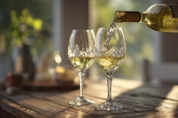 Elegant wine service: a bottle pours into two stemmed glasses in a rustic dining setting
