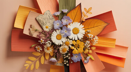 Bouquet of flowers with paper petals on peach background