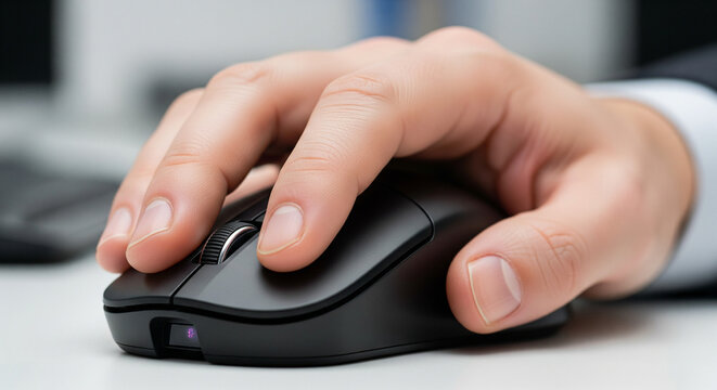 Close-up of hand on computer mouse, faceless, sharp focus, authentic office lifestyle gesture.