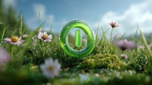 Emerald green power button glowing in a spring meadow under a clear blue sky, symbol of renewable energy