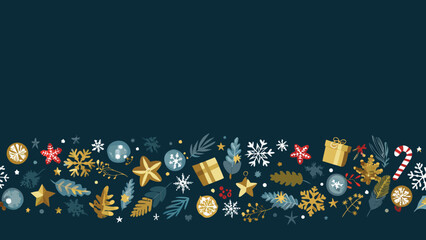 Obraz premium Festive holiday border with snowflakes ornaments and gifts against a dark teal colored background