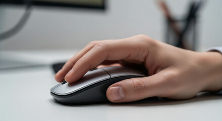 Close-up of hand on computer mouse, faceless, sharp focus, authentic office lifestyle gesture.