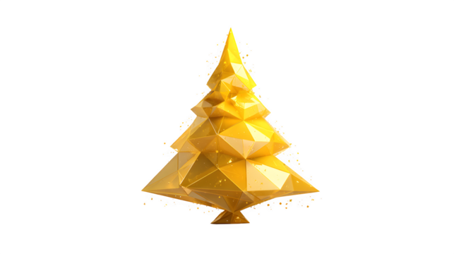 Bright yellow Christmas tree crafted from geometric triangular panels with subtle reflections, futuristic festive decor concept isolated on white background