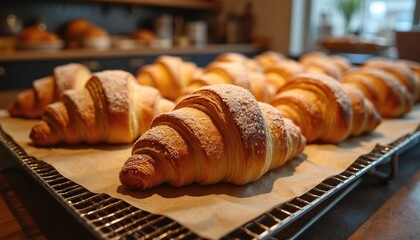 Freshly baked croissants dusted with powdered sugar are arranged on a cooling rack in a warm bakery. The golden brown pastry delights with its flaky texture, perfect for breakfast or a sweet snack.