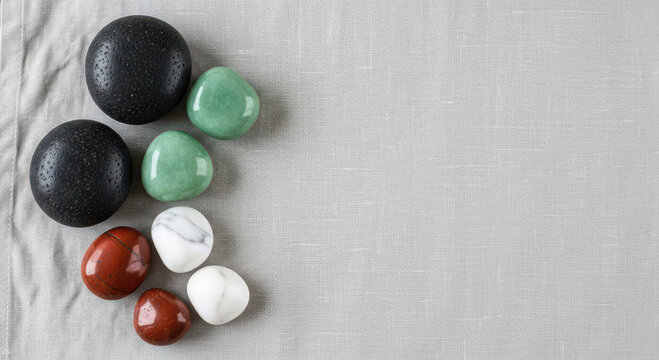 Smooth polished stones arranged on textured fabric