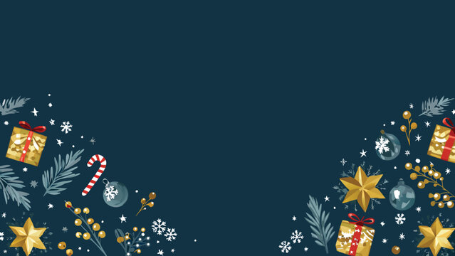 Christmas themed background with gifts candy cane ornaments and snowflakes on a dark blue backdrop