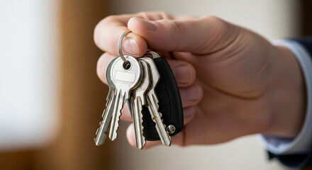 Hand holding keys, faceless, sharp focus, authentic daily gesture, professional lighting