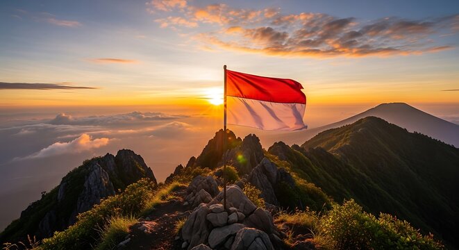 Indonesian Flag Waving Proudly Atop a Mountain Peak at Sunrise.
