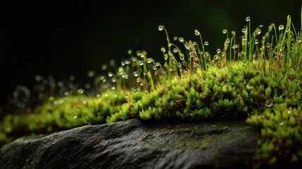 Fototapeta premium Green moss water drops stone