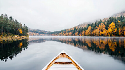 Peaceful canoe journey through misty autumn lake, surrounded by hillsides ablaze with yellow and orange fall foliage and reflections
