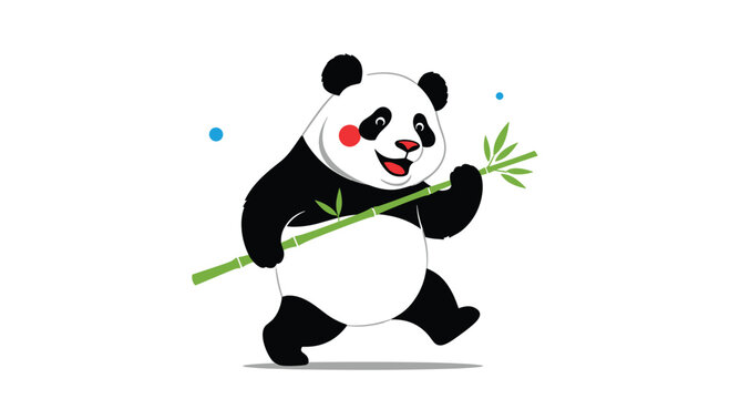  Cheerful cartoon panda bear sitting and holding a large stalk of green bamboo with a happy and content expression.