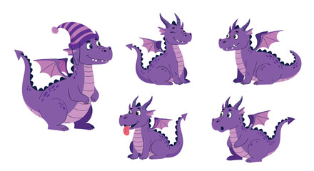  Collection of cute purple cartoon dragon characters wearing cozy knitted winter hats in various adorable poses.
