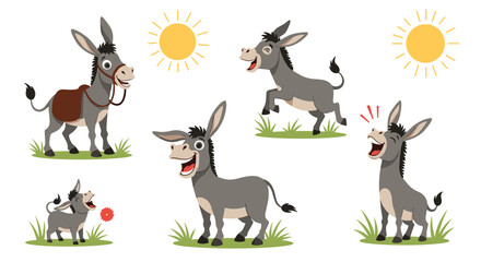  Group of funny cartoon donkey characters playing and resting in a sunny green field with a bright blue sky above.