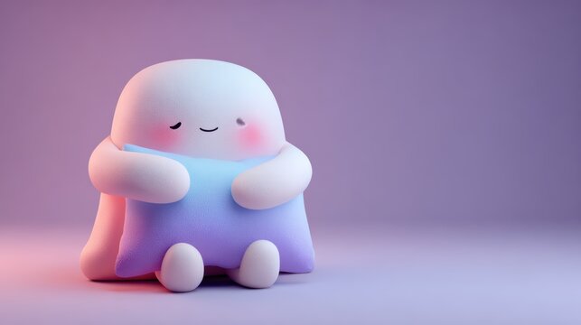 Cute character hugging pillow with pastel gradient colors and rounded minimal details for sleep health stress relief article concept wellness relaxation comfort and mental wellbeing theme.