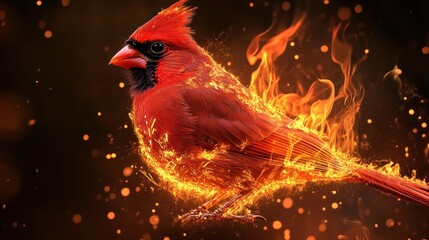 Fototapeta premium Northern Cardinal, its red plumage made of tiny, flickering flames, surreal controlled fire texture, warm, internal glow