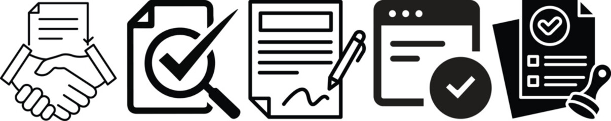 handshake icon set with document, checkmark, and heart symbols in linear style.Creative handshake icon set represents business agreements and collaborations with unique, engaging designs. © Vector Store