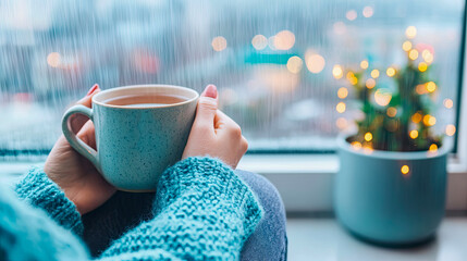 Person in warm sweater sips hot tea from blue mug, enjoying cozy moment by window on rainy day, with soft bokeh city lights and charming illuminated plant.