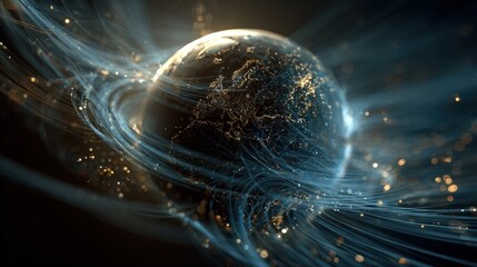 Abstract visualization of Earth, glowing with city lights and wrapped in luminous, flowing data threads. Concept for global communication, big data, technology networks, digital infrastructure, and AI