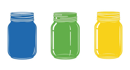 Three colorful mason jars in blue green and yellow hues