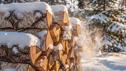 Cozy winter scene with stacked birch firewood logs covered in fresh white snow illuminated by golden sunlight and gentle falling snowflakes in a serene forest - Powered by Adobe