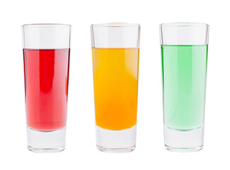 Colorful layered drinks on a white background in short glasses