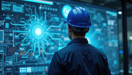 Engineer in blue helmet studies glowing digital circuit schematic on large monitor screen. Person works with complex data analysis. Professional in tech lab.