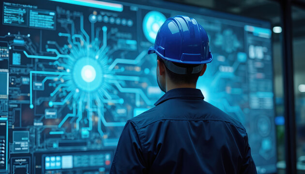 Engineer in blue helmet studies glowing digital circuit schematic on large monitor screen. Person works with complex data analysis. Professional in tech lab.
