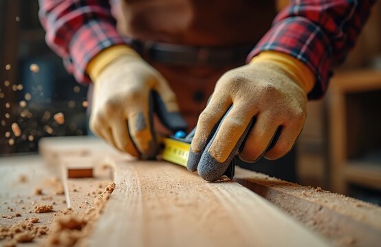 Woodworker in protective gloves measures lumber on workbench. Sawdust flies as craftsman marks wood for cutting, preparing for carpentry project. Skillful hands work indoors.