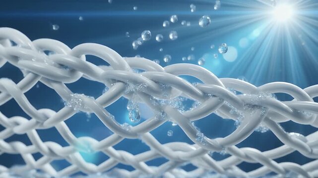 Macro of white woven fabric with water droplets, fresh clean textile under sunlight and blue sky.