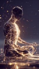 the generated animation. A human figure made of threads of energies and luminous particles