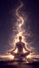 the generated animation. A human figure made of threads of energies and luminous particles