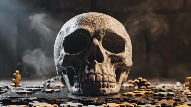 Skull exploding into puzzle pieces and reassembling in an artistic video representation