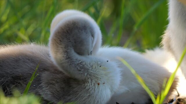 Young cygnet preening its feathers