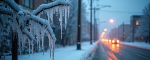 Icy tree branch hangs with long icicles. Winter scene shows road with cars and city lights. Cold weather after storm creates hazardous conditions in urban area at dusk.