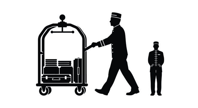 Hotel staff with luggage cart and a standing bellhop silhouette