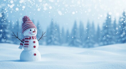A cheerful snowman with a striped hat and scarf in a snowy winter wonderland scene with falling snow