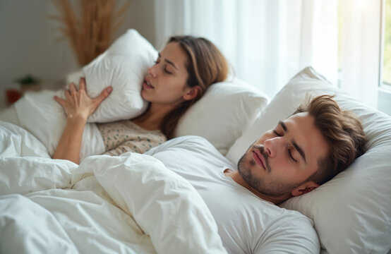 Man sleeps peacefully in bed while woman appears awake, troubled, and clutches pillow. Gentle morning light filters into the bedroom creating a quiet atmosphere for their relationship.